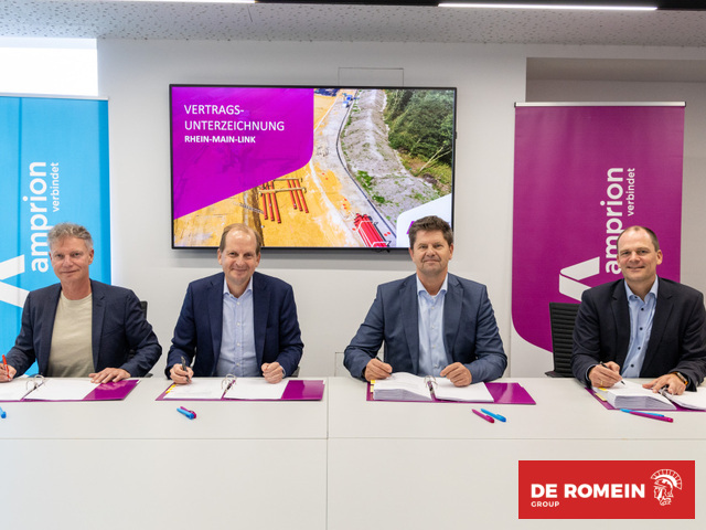 De Romein en Eiffage Infra-Bau vieren de ondertekening van het contract met Amprion voor Rhein-Main Link in Duitsland.